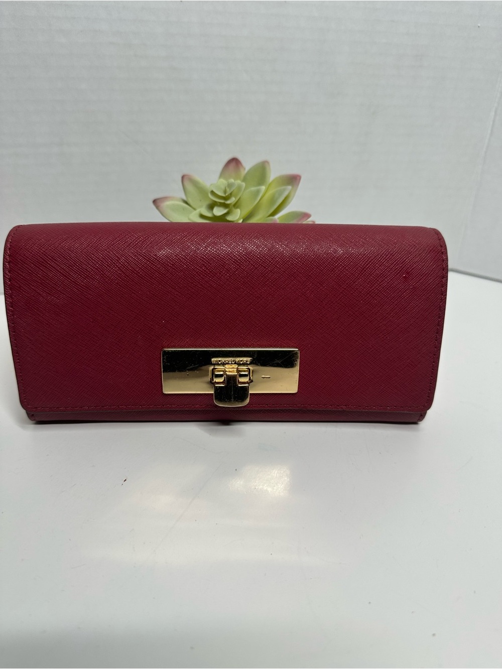 Michael Kors Berry Saffiano Leather Wallet with Gold-Tone Lock